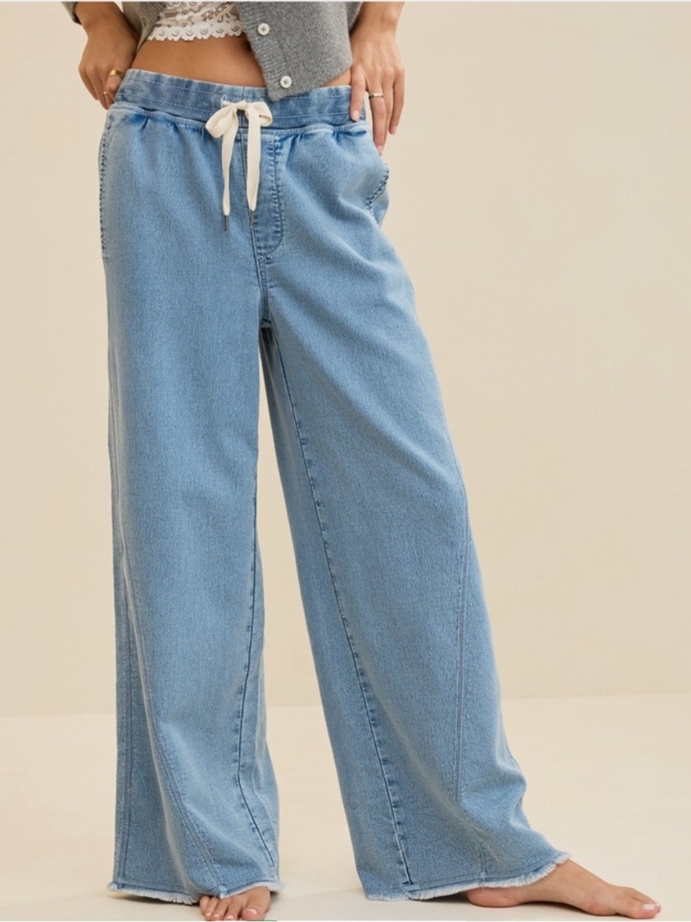 Aerie Soft Landing Trouser Light Blue Wide-Leg Drawstring Pull On Jeans XXL